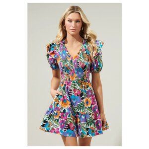 Sugarlips Santa Elena Leones Smocked Mini Dress Size XS Puff Sleeve Fit & Flare